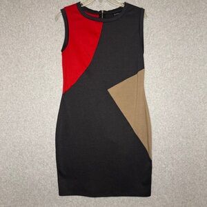 Enfocus‎ Studio Grey Tan Red Asymmetrical Geometric Sheath Dress